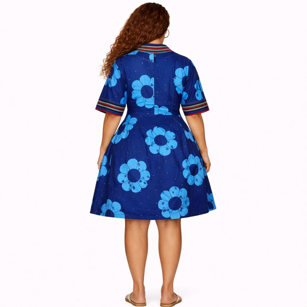 Navy Blue Ankara Flared Mini Dress Floral African Print Statement Dress